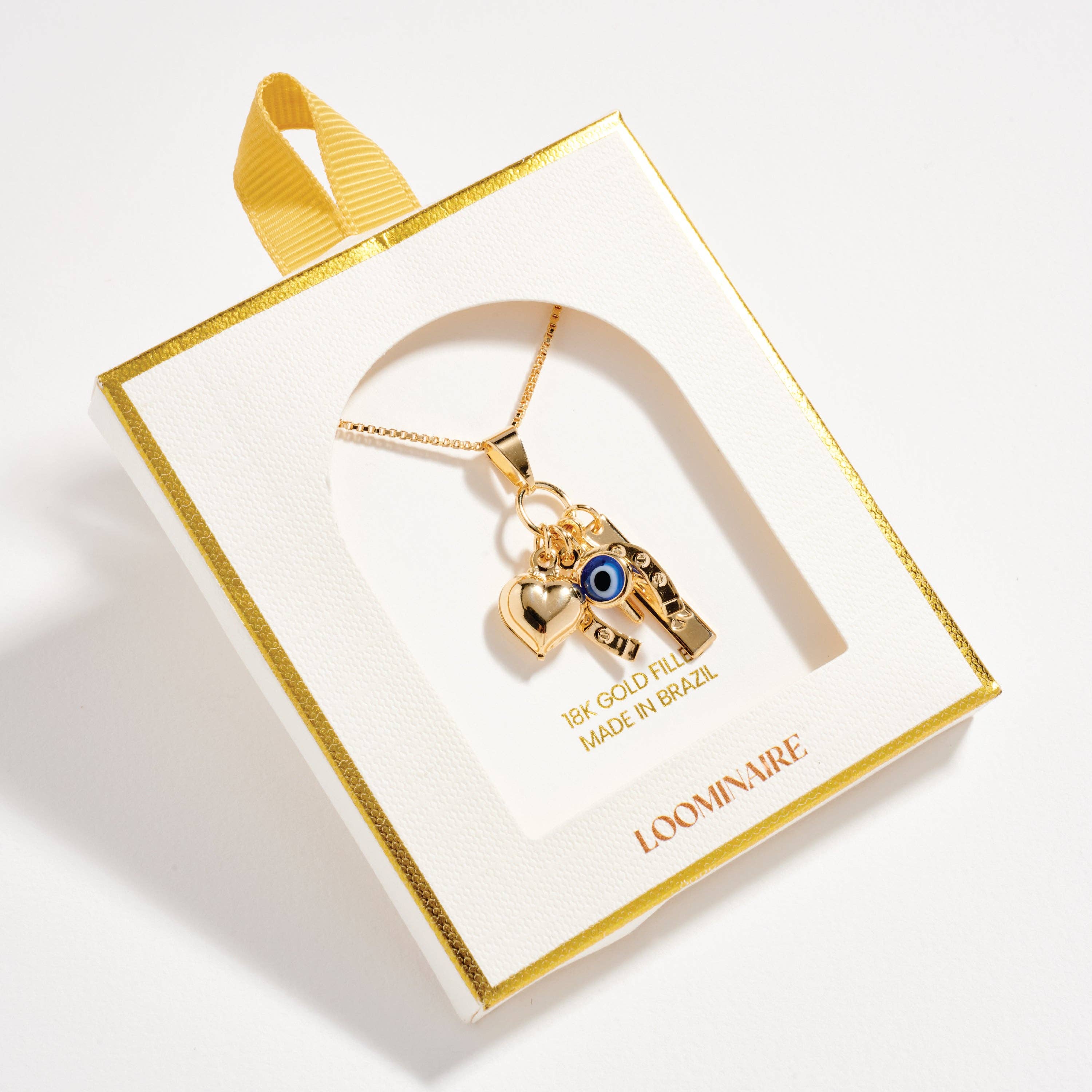 GD Gold Filled Charm Necklace – Heart, Horseshoe, Evil Eye & Wishbone Pendant for wholesale on Faire5