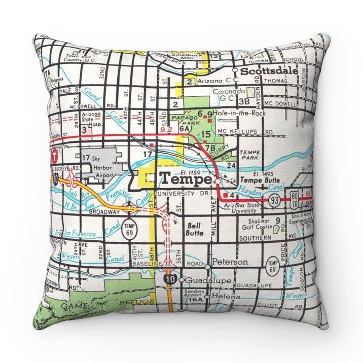 Coussin Carte de Tempe Arizona – Coussin Carré 18" pour la vente par Daisy Mae Designs