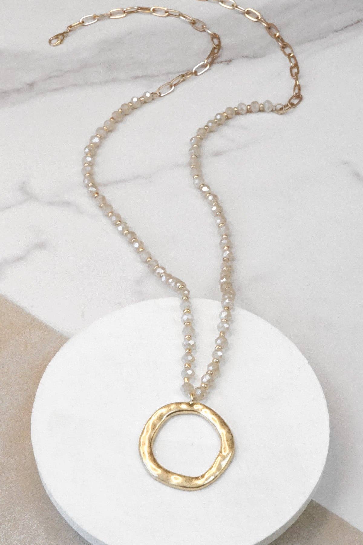 PennyLine inc - Wholesale Pendant/Charm Necklace - Beaded Necklace with Gold Tone Circle Pendant Beige1