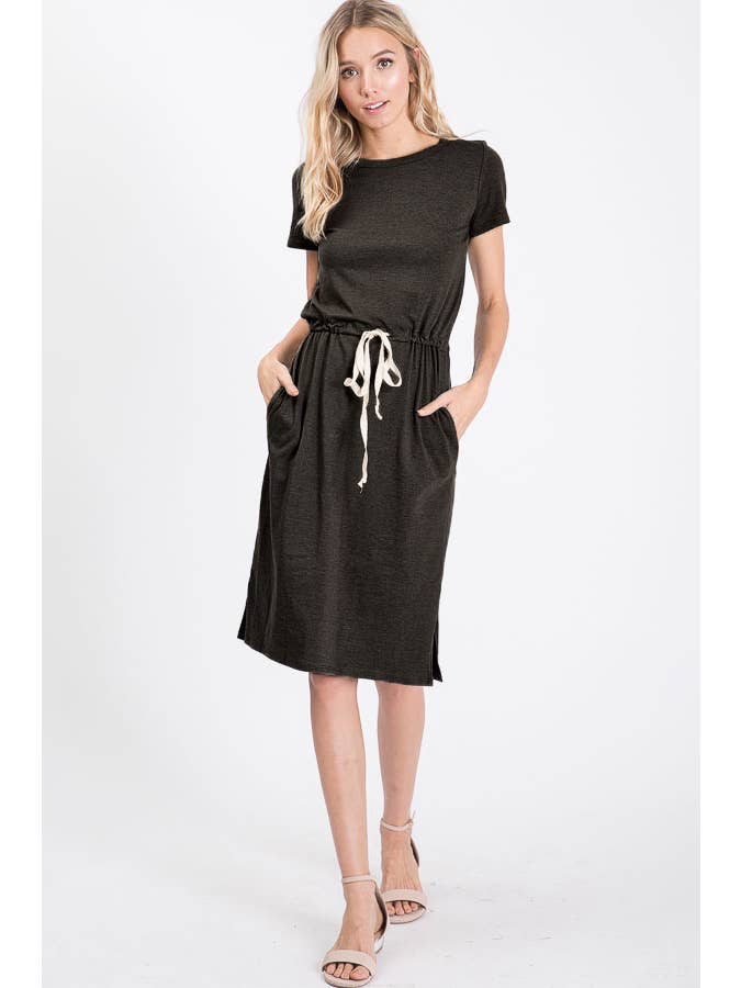 7th Ray - Wholesale Dress - Women's - Everyday Drawstring Waist Side Pocket T-Shirt Dress D246514