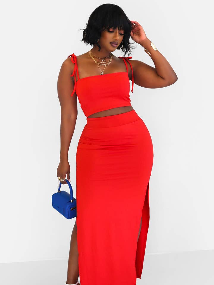 Hottie Tie Strap Crop Top & Thigh Slit Maxi Bodycon Skirt - Red for wholesale by REBDOLLS