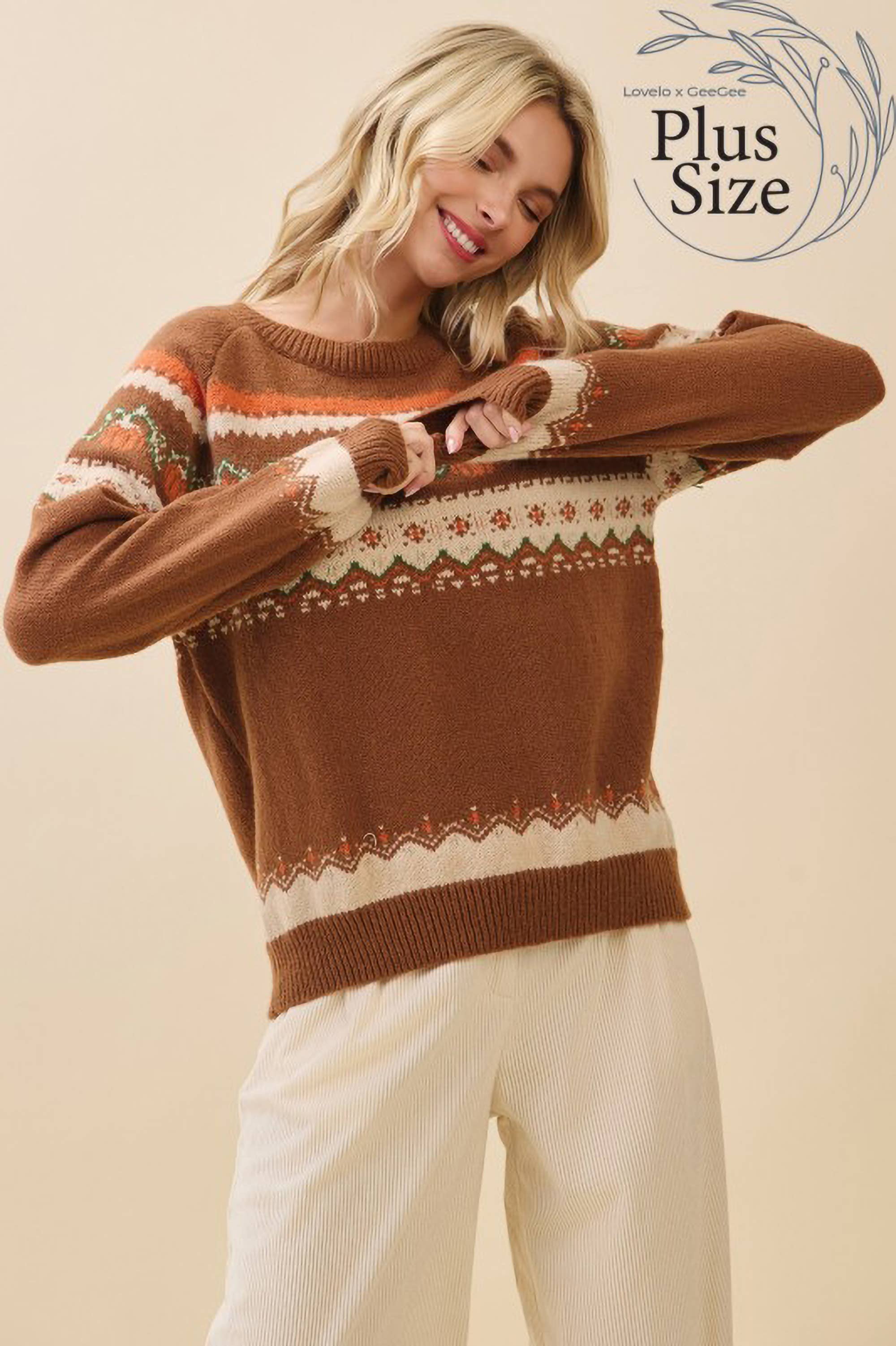 Brown Multi Plus Autumn Pumpkin Knit Sweater OT52161PL for wholesale on Faire3
