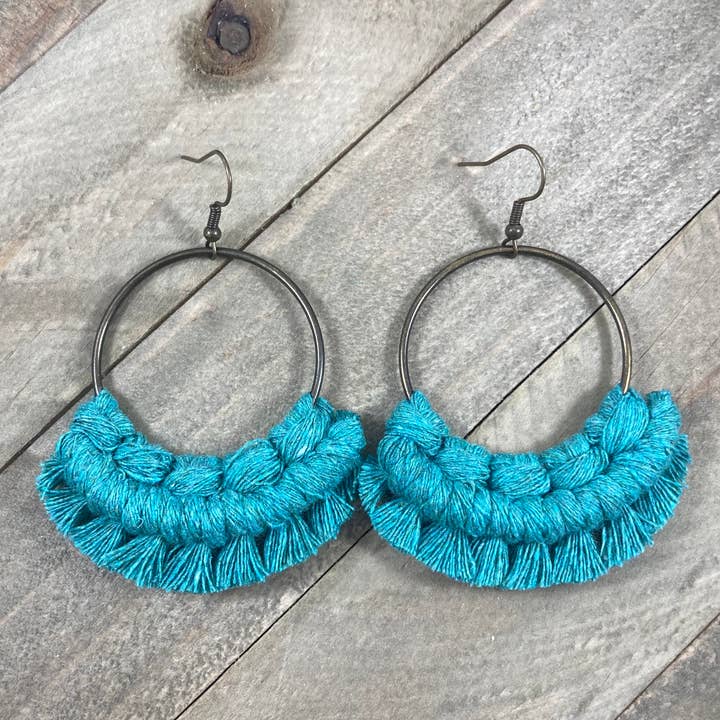 Large Round Fringe Earrings - Teal & Bronze for wholesale by HK Macrame Jewelry