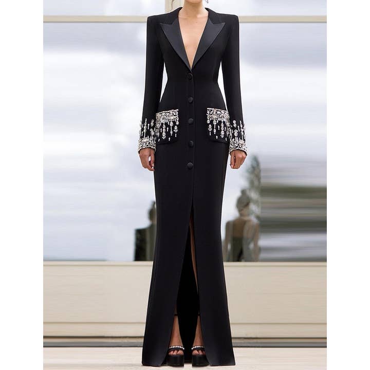 Vestido Comprido de Cauda de Sereia com Gola de Fato e Diamantes Feito à Mão 3Y por atacado de Productseeker