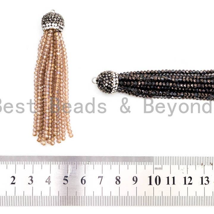 BestBeads&Beyond – Großhandel Individueller Charm/Anhänger – Kristall Perlen Quaste Anhänger, Glas Kristall Perlen, Pave CZ Strass Cap, Quaste Halskette Enhancer, 3 „lang, SKU #B82