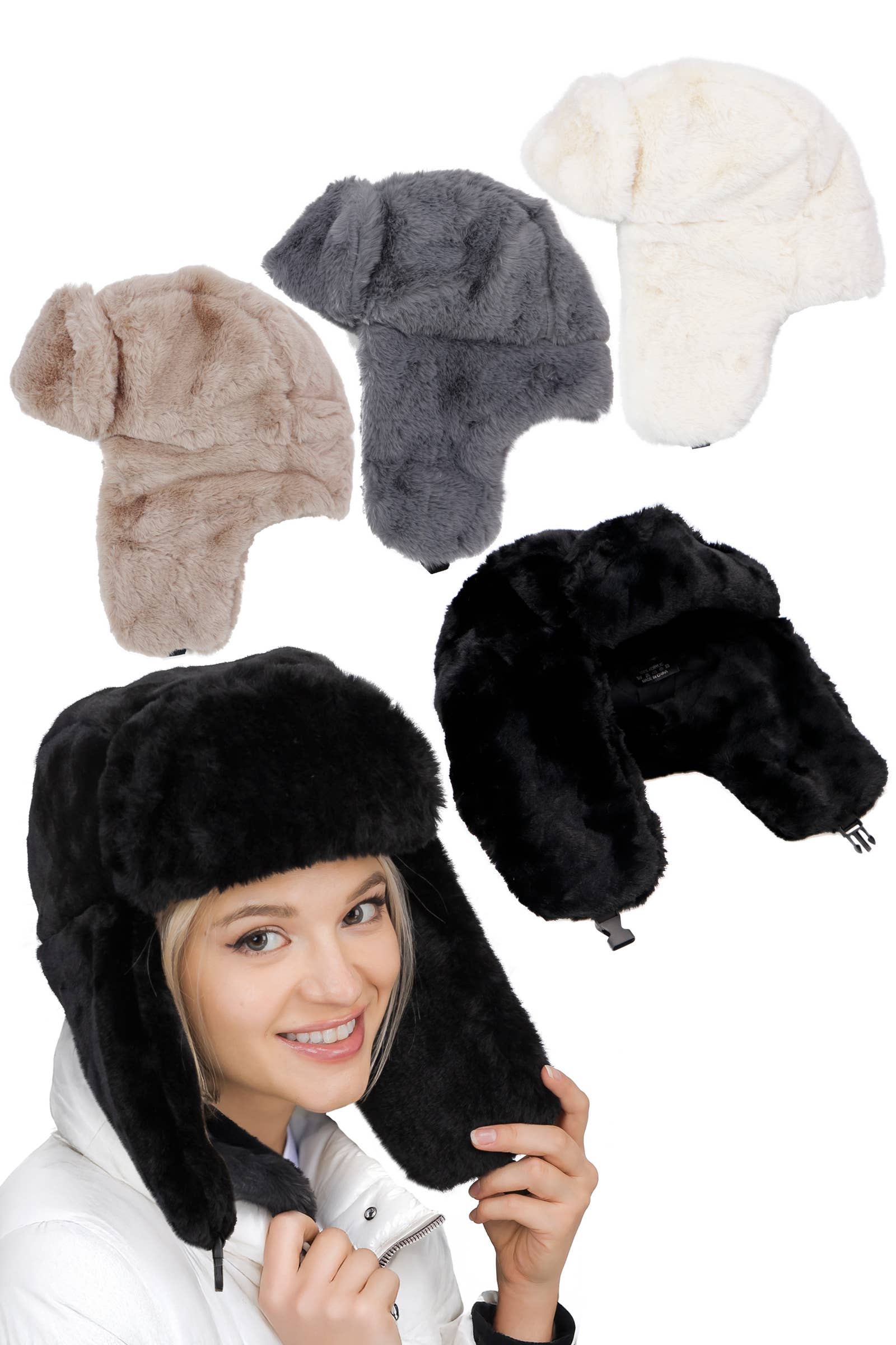 ASSORTED Fluffy Thermal Faux Fur Bomber Trapper Hat for wholesale on Faire