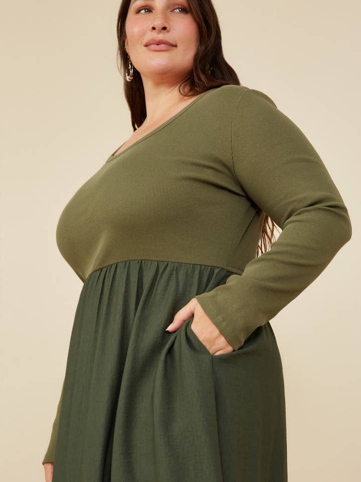 Olive Womens Ribbed Knit Mixed Media Scoop Neck Dress for wholesale on Faire8