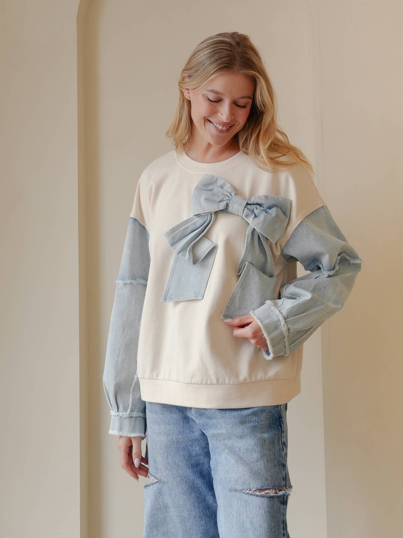 TRENDILITY - Wholesale Sweatshirt - Women's - TR2027-04_Mineral Washed Denim Bow Sweatshirt Top7