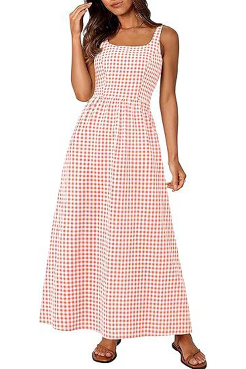 NINEXIS - Wholesale Dress - Women's - CWDHL1084_SPAGHETTI STRAP SQUARE NECK PLAID SHIRRED DRESS2
