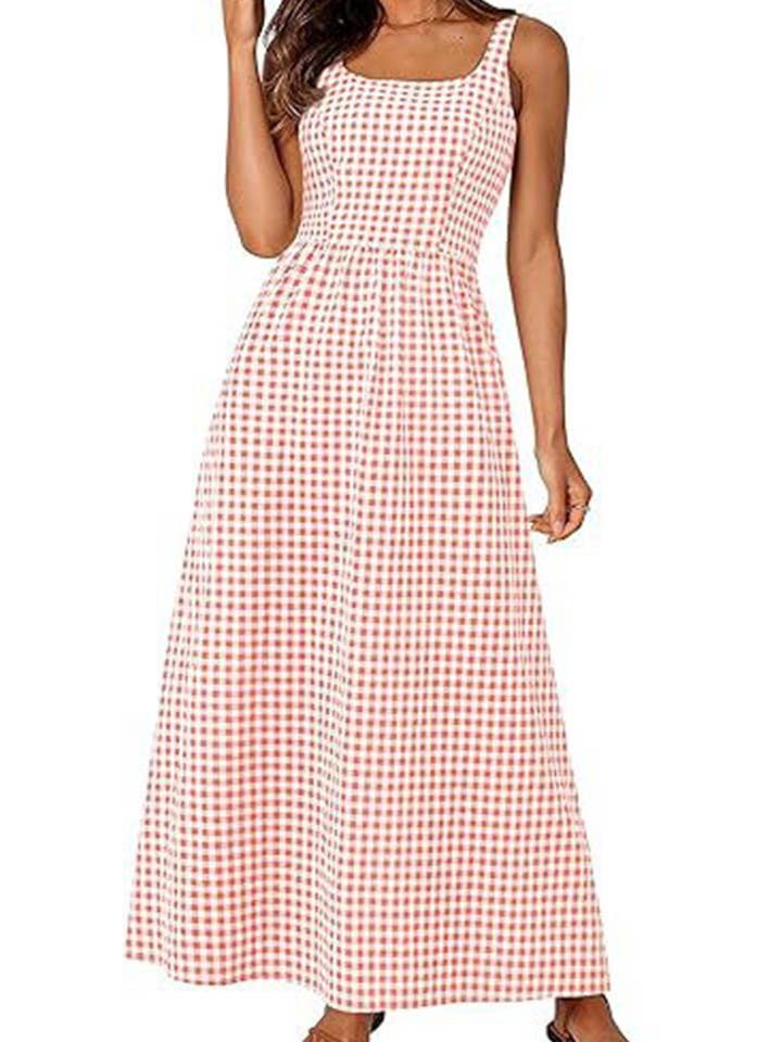 NINEXIS - Wholesale Dress - Women's - CWDHL1084_SPAGHETTI STRAP SQUARE NECK PLAID SHIRRED DRESS2