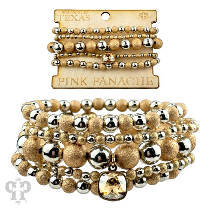 Gold and silver round bead bracelet stack, Austrian crystal for wholesale by Pink Panache Brands