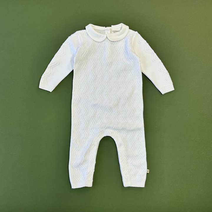 Dove White Knit Peter Pan Chevron Baby Jumpsuit (Organic) for wholesale by Viverano Organics