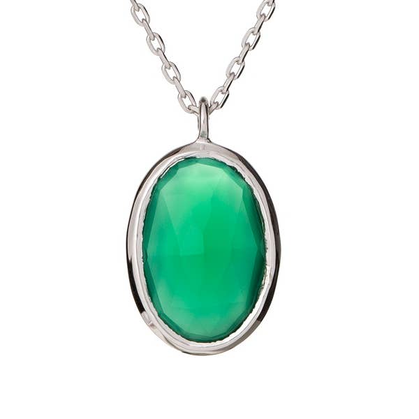 Natural oval green onyx necklace, sterling silver 925, 42 + 3 cm for wholesale by OPALOOK France