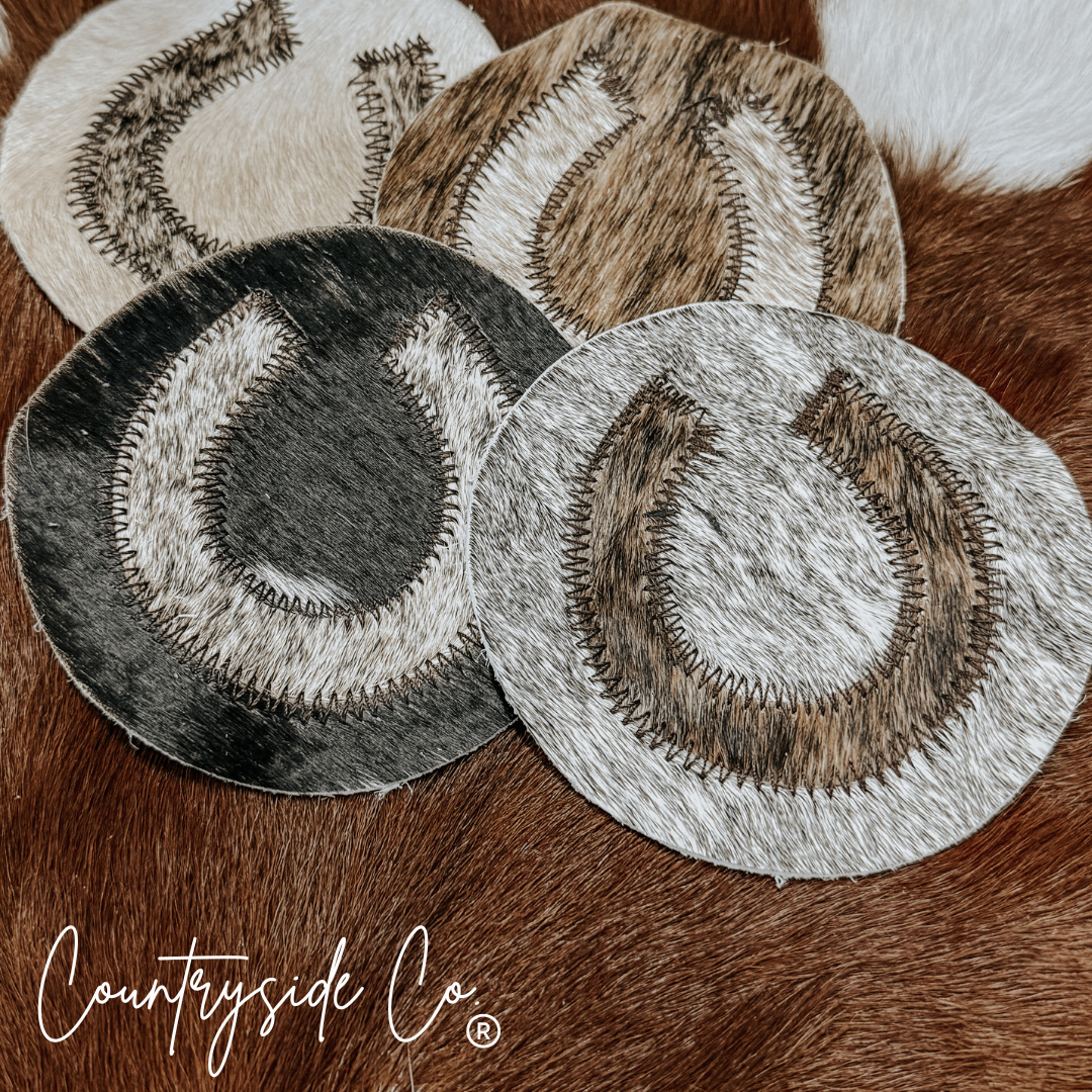Texas Western Cowhide Bags and More - Wholesale Coasters - Horseshoe Cowhide Coaster Set2