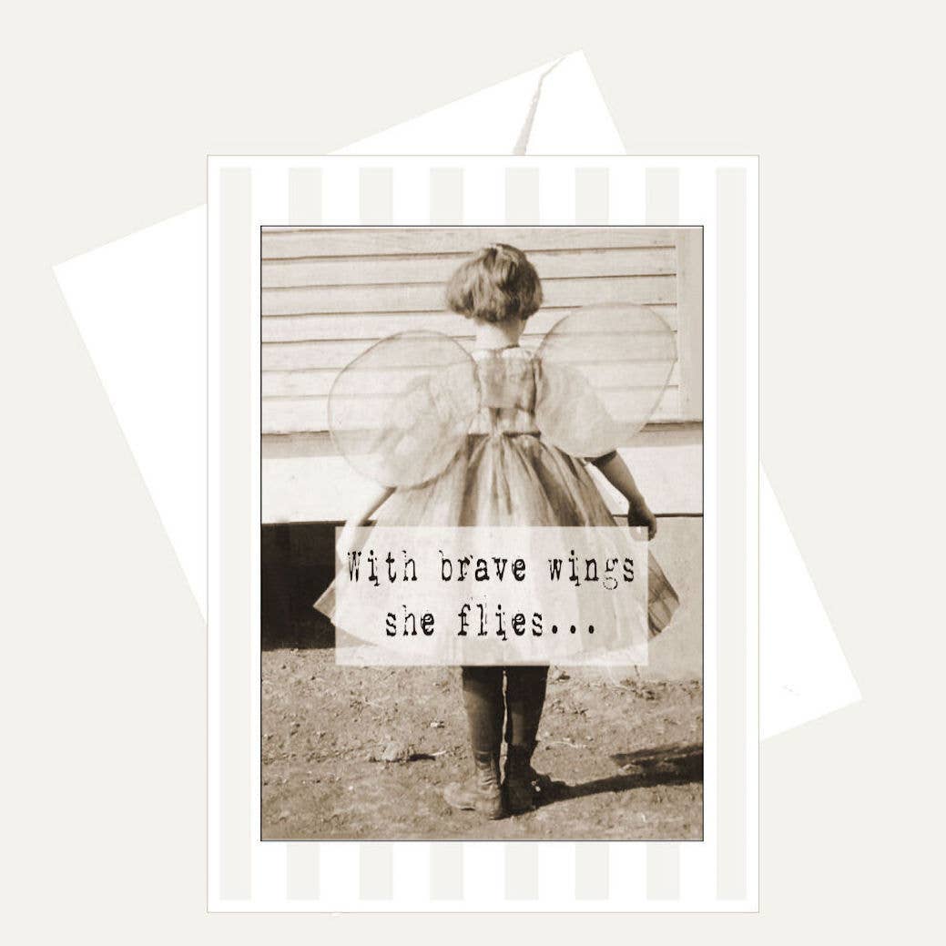 Bellflower Girl - Wholesale Friendship Card - Old Photo - With Brave Wings Flies - Angel Friendship Card