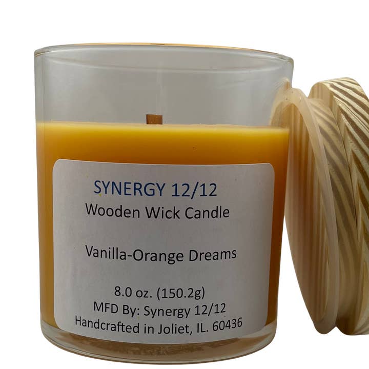 Vanilla-Orange Dreams Wooden Wick Candle 8.0 oz (150.2g) for wholesale by Synergy 12/12