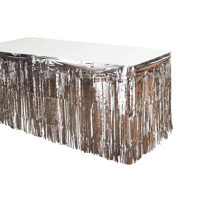 Metallic Fringe Table Skirt 14ft - Silver for wholesale on Faire