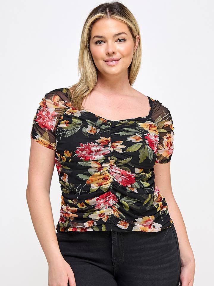 Haute Fox Plus Size & Contemporary - Wholesale Blouse - Women's - Plus Size Mesh Floral Print Ruched Top - WG18420-T0