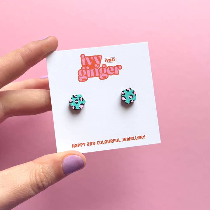 Mini green and pink leopard print hexagon stud earrings for wholesale by ivy and ginger