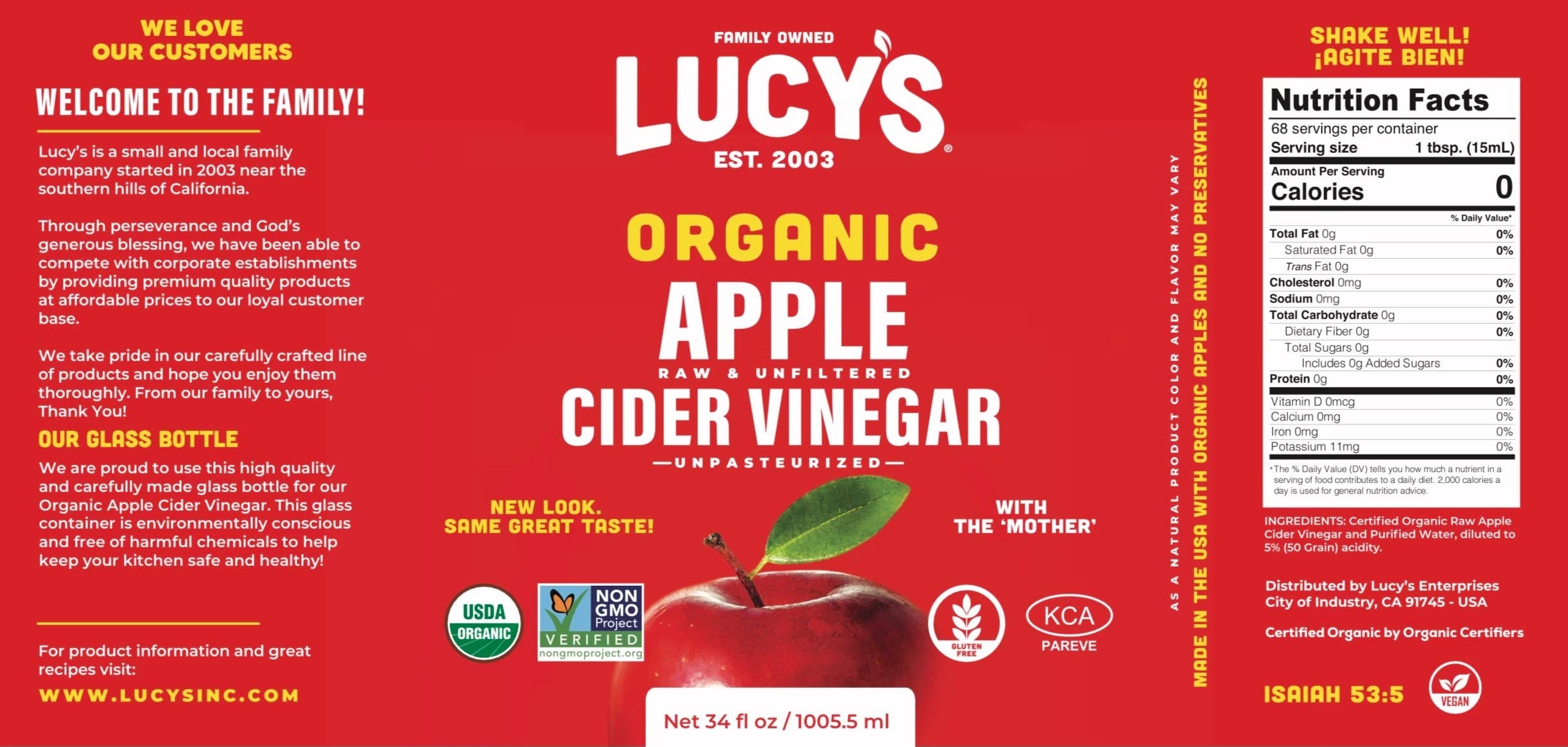 Lucy's - Wholesale Apple Cider - Lucy's Family Owned - Organic Apple Cider Vinegar 34oz.6