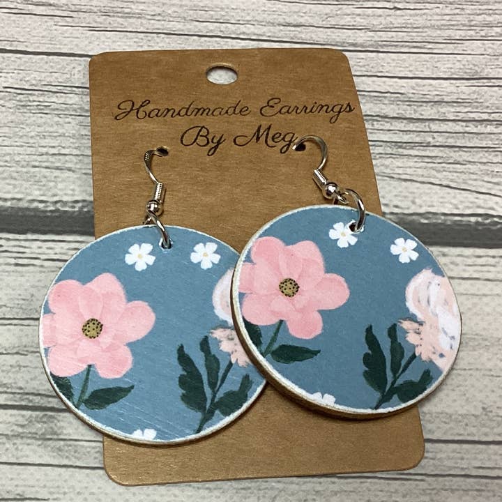 Azul claro con flor rosa de 1.5 pulgadas para venta al por mayor de Handmade Earrings By Meg