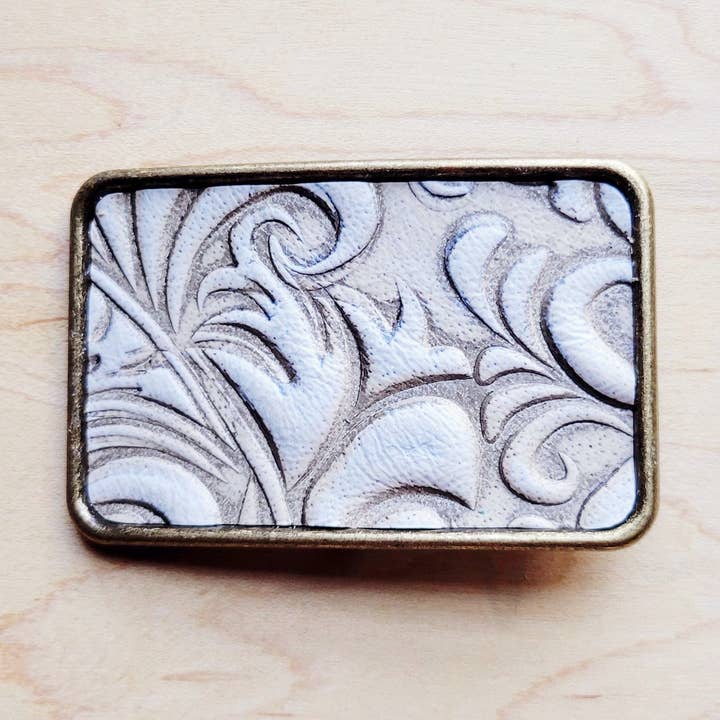 **Rectangle Sandy White Floral Leather Belt Buckle 906ff for wholesale by The Jewelry Junkie