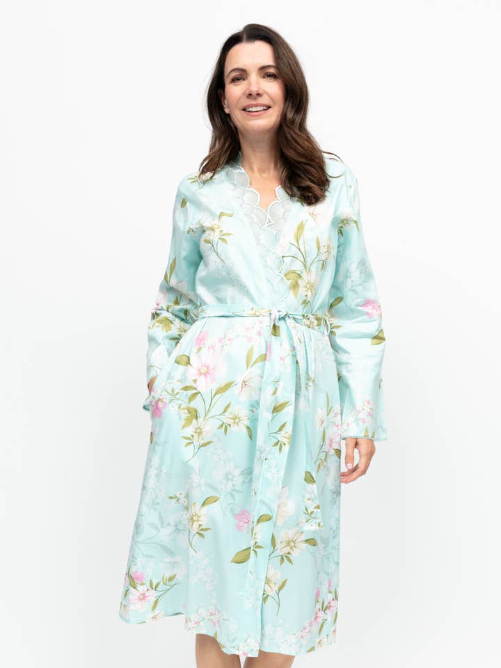 Peignoir mi-long à manches longues à imprimé floral Juliette pour la vente par Cyberjammies