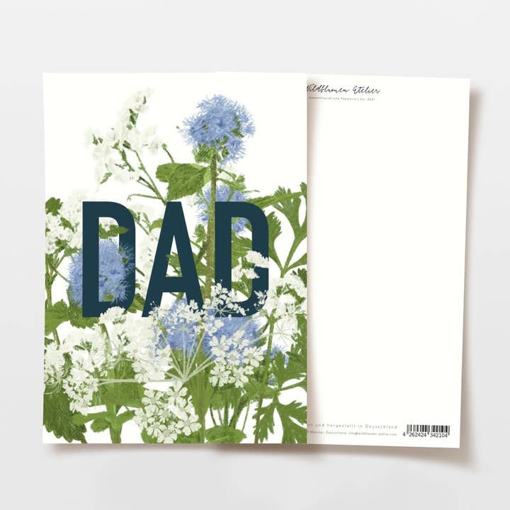 Postcard DAD with blue and white flowers, FSC certified for wholesale by Wildblumen Atelier