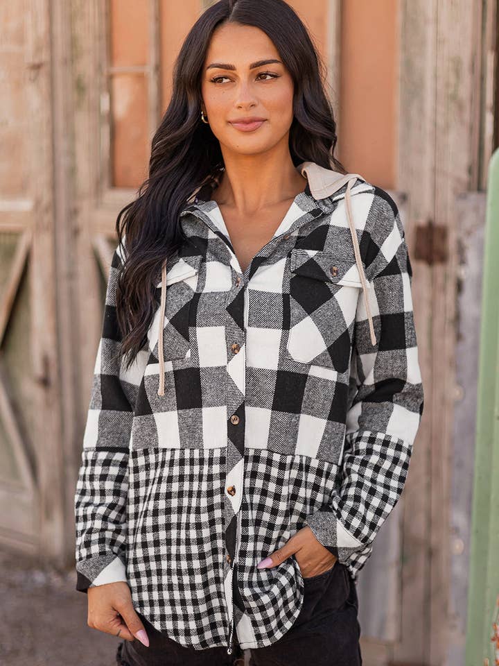 Fashion-W Double Plaid Patchwork Drawstring Hooded Shacket for wholesale by fashionworks