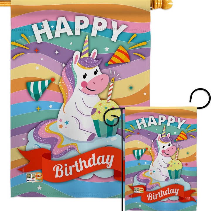 Two Group Flag Co - Venta al por mayor Bandera y manga de viento - Bandera unicornio Happy Birthday Fantasy Sweet Cupcake Garden