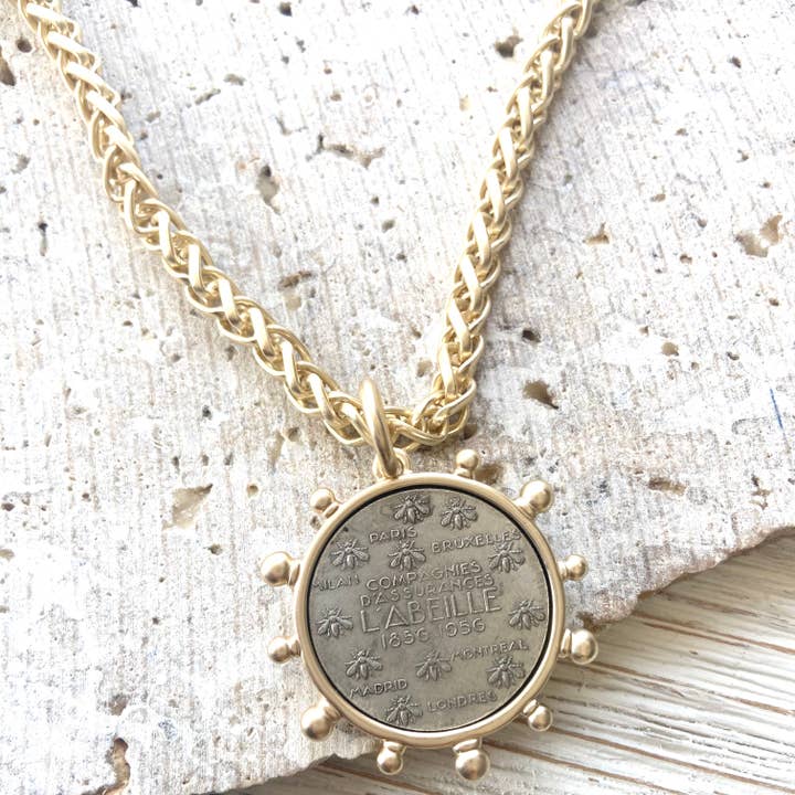 VB&CO Designs Handmade Jewelry - Wholesale Pendant/Charm Necklace - Matte gold horse French Bee coin necklace boutique