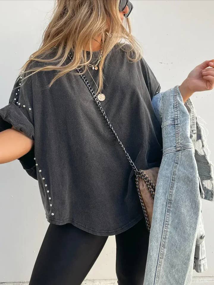 Rosa Clothing - Wholesale T-Shirt - Women's - Casual Roll Up Sleeve Studded Washed Oversized Tee