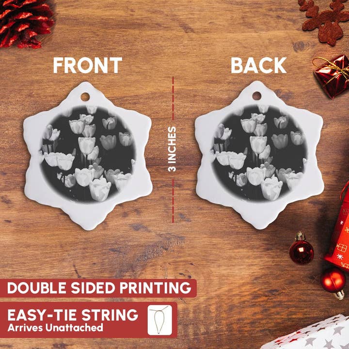 3dRose - Wholesale Ornament - 3dRose, Sunlit white tulip flowers, black and white photo, Ornament2