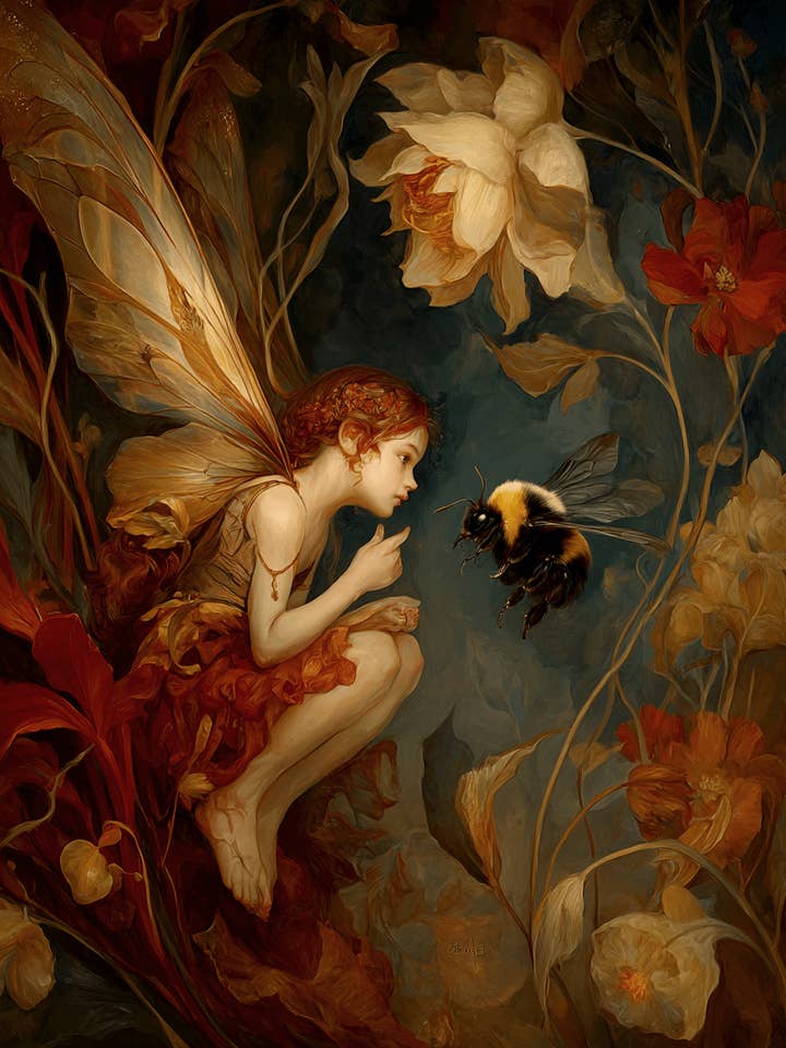 Fairy Chatting with Bumble Bee Art Print - 8"x10" Artwork for wholesale by Mowbi