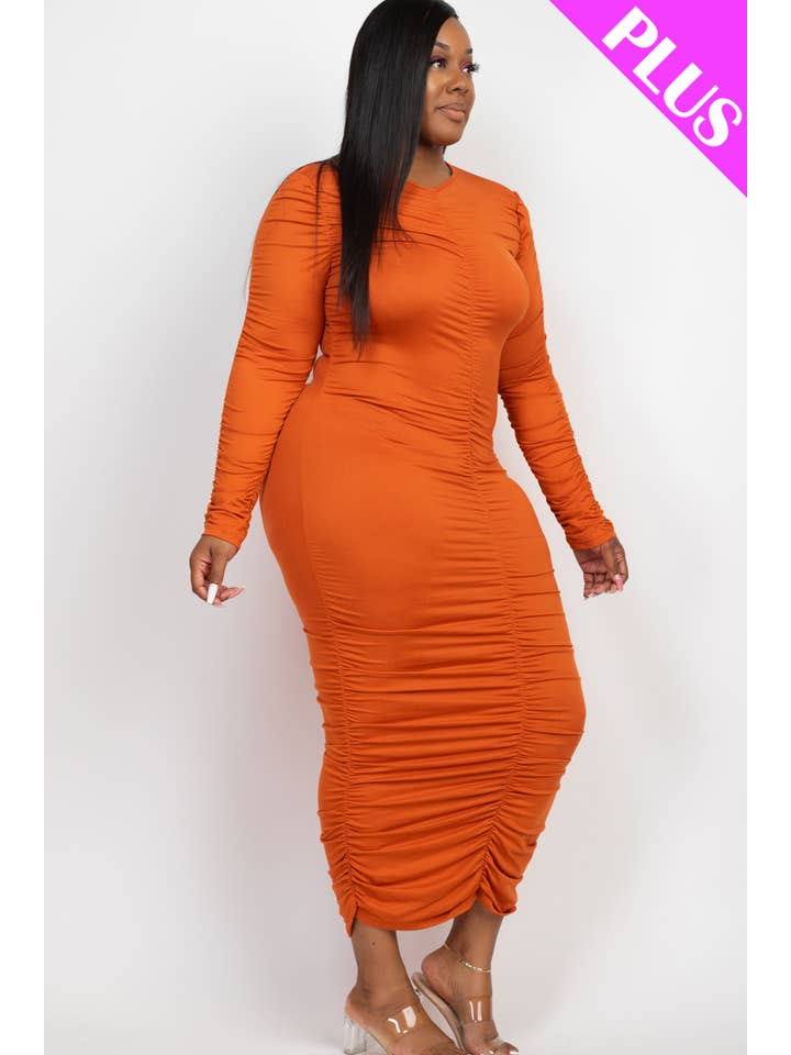 CAPELLA APPAREL - Wholesale Dress - Women's - Plus Size Ruched Long Sleeve Midi Dress9