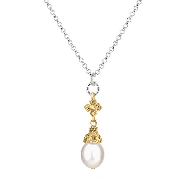 Pearl Necklace with Flower Detail in Two-tone for wholesale by Anatoli Jewelry