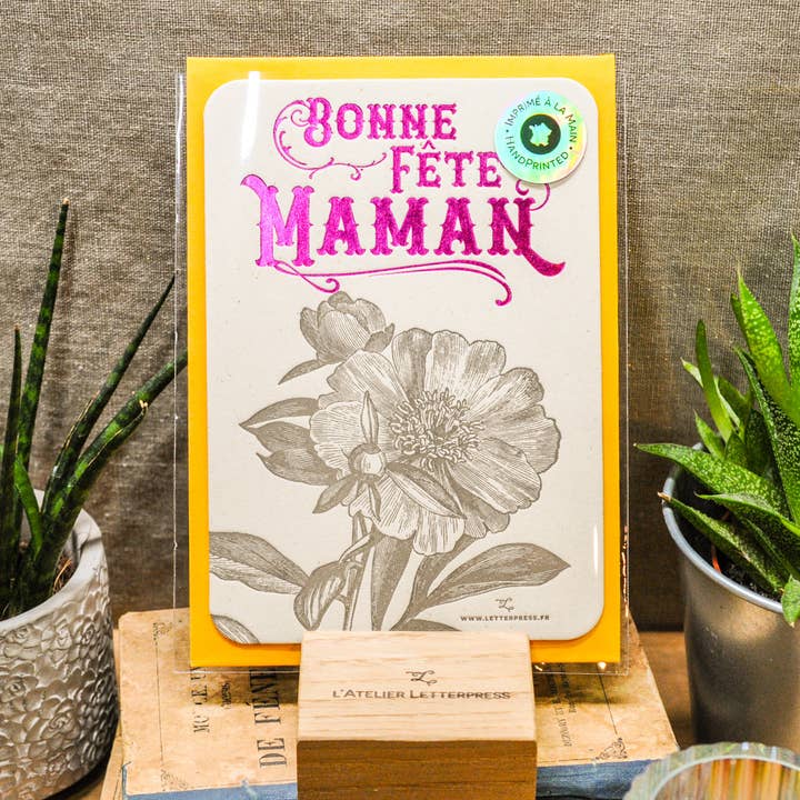 Letterpress Card Camelia Happy Mother's Day, pink (with env) for wholesale by L'Atelier Letterpress