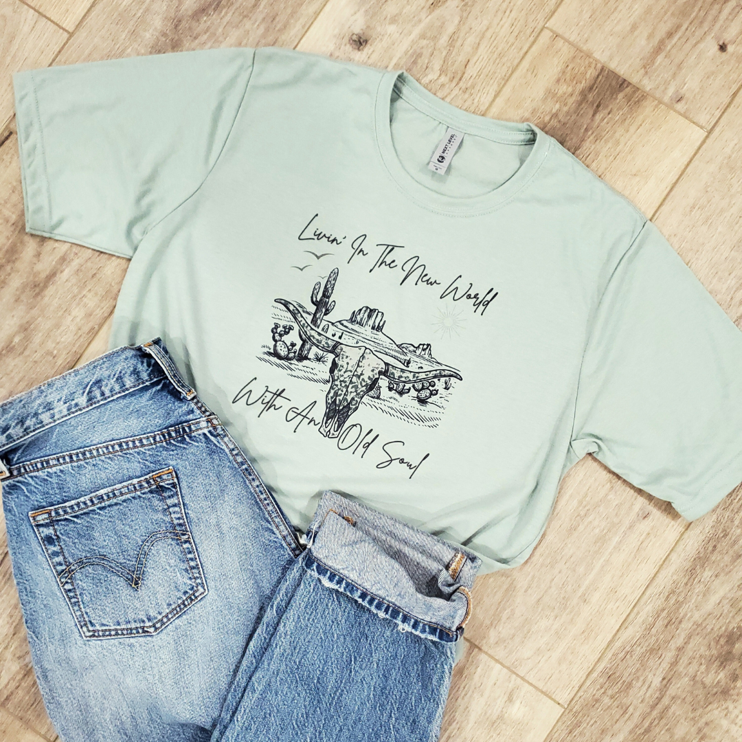 Funk Town Tees - Wholesale T-Shirt (Graphic) - Women's - Living in The New World With an Old Soul Graphic Tee1