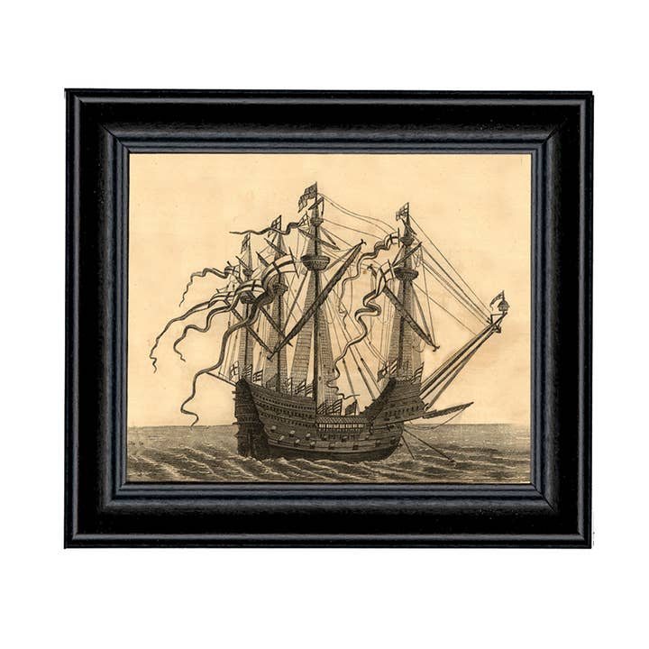 Madison Bay Co. - Historical Home Decor Reproductions - Wholesale Art Print - 1520 English Ship Vintage Print Behind Glass in Wood Frame