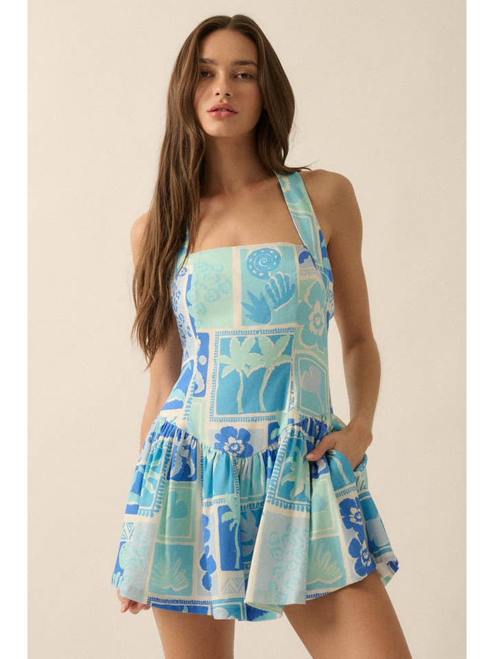 AQUA BLUE Tropical Floral-Print Halter Drop-Waist Mini Dress for wholesale on Faire