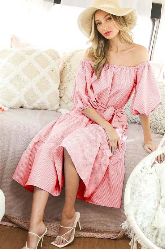 Vine & Love – wholesale Dress – Women's – Off-The-Shoulder Tie Waistband Tiered Striped Dress  VD702960