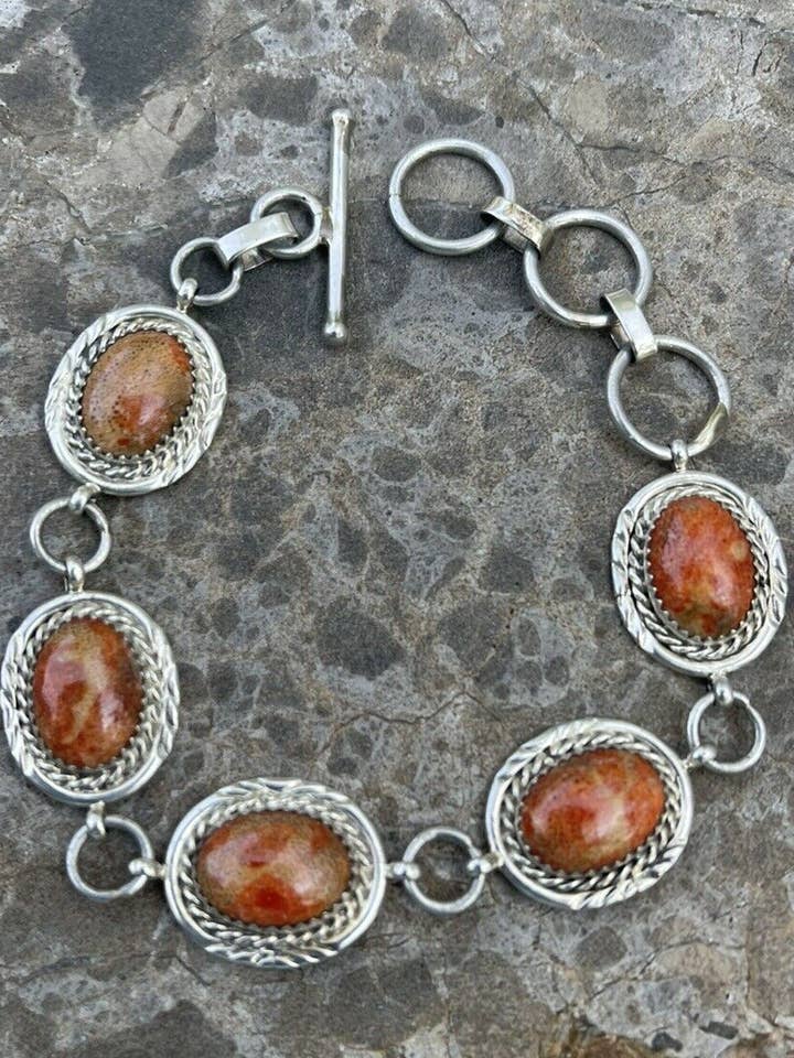 Navajo Rust Jasper & Sterling Silver Link Oval Southwest armbånd for engroshandel hos Nizhonitradersllc