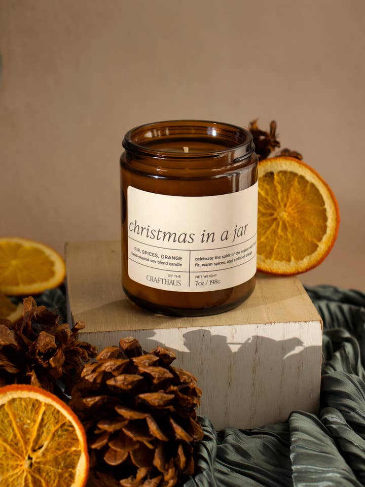 Christmas in a Jar - 7 oz. Amber Glass Soy Candle for wholesale by The Crafthaus