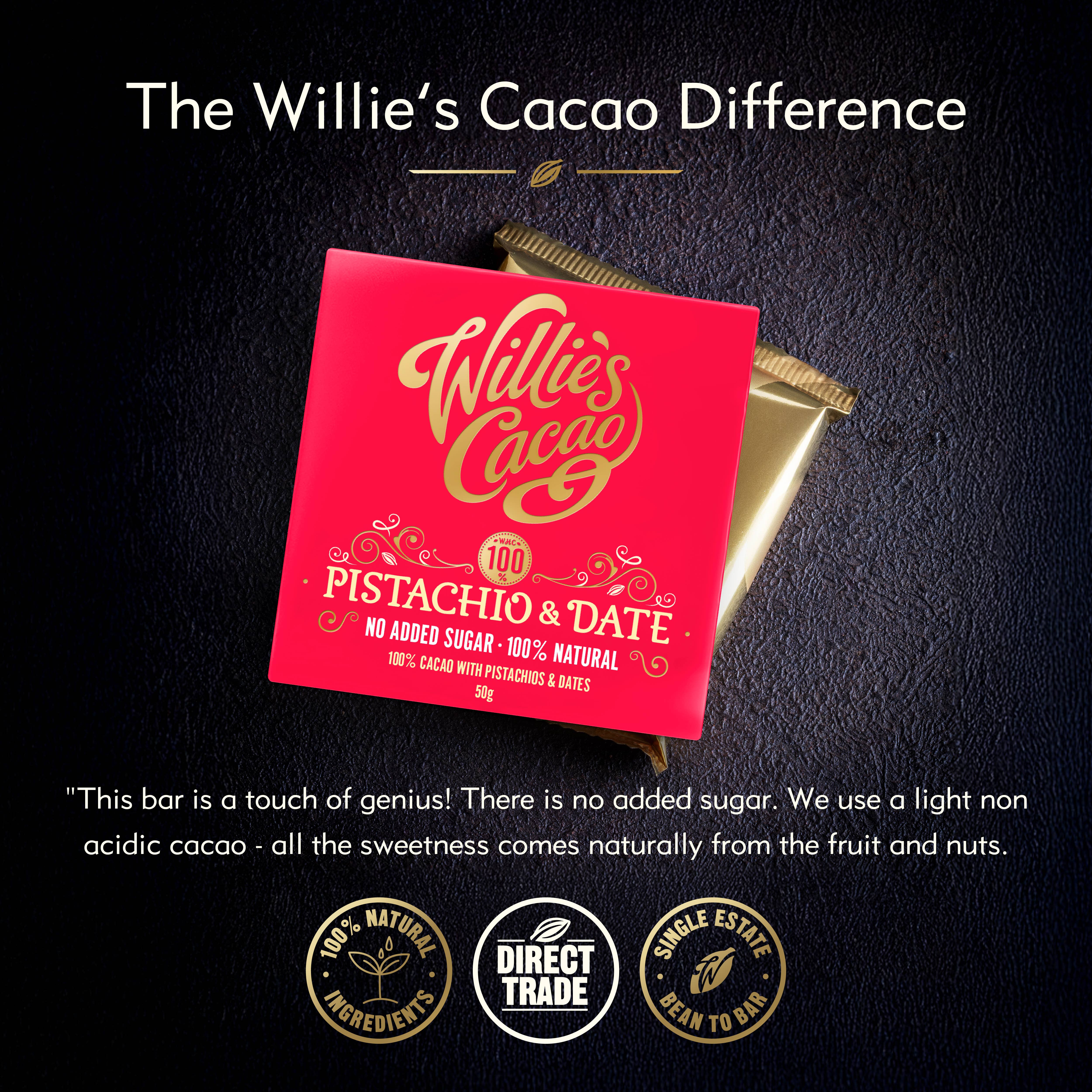 Willie's Cacao - Wholesale Chocolate Bar - Pistachio & Date. 100% cacao. No added sugar. Vegan. 50g bar1