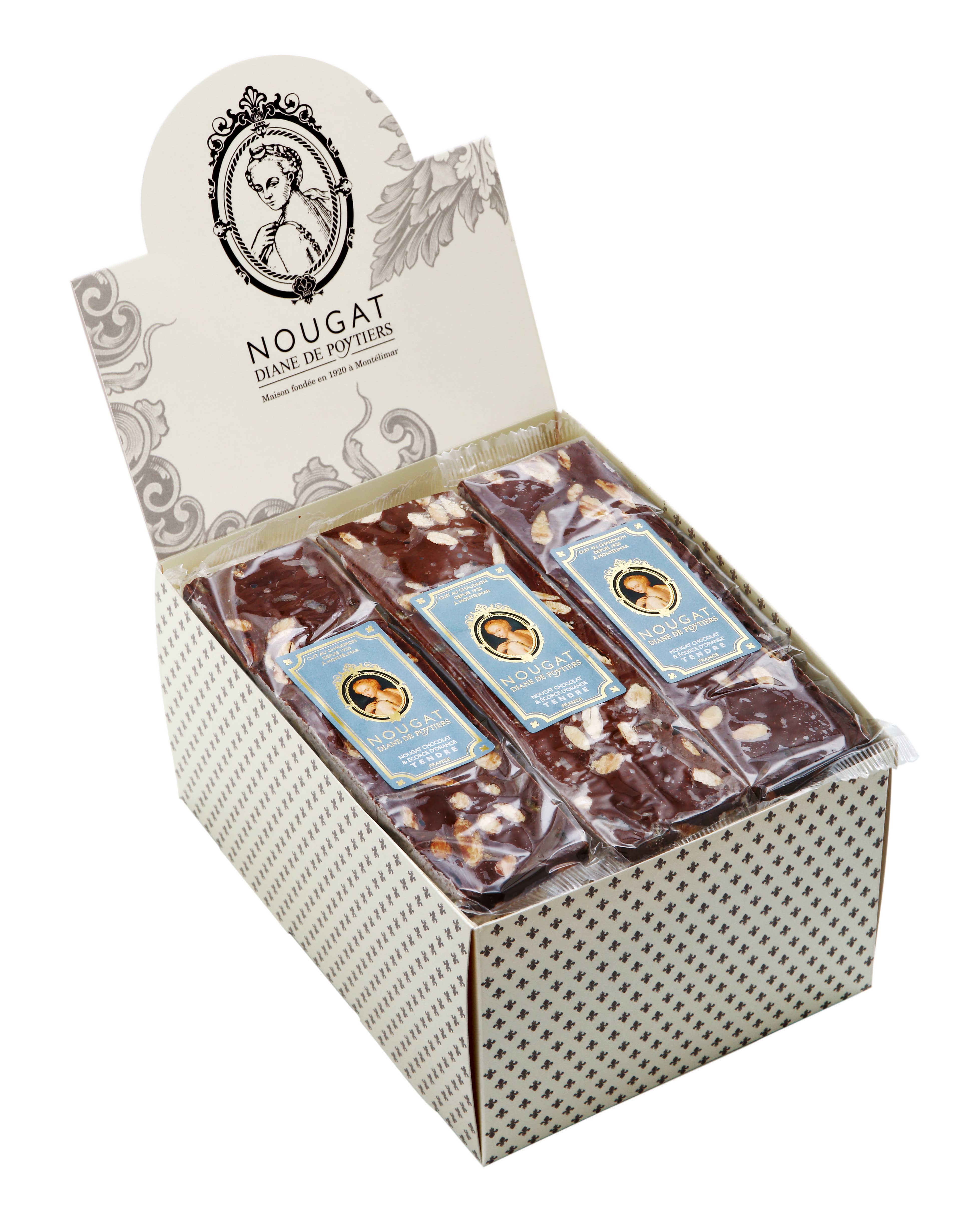 Nougat Diane De Poytiers - Wholesale Nougat - Nougat with cacao and orange peel 100 g bar on display1