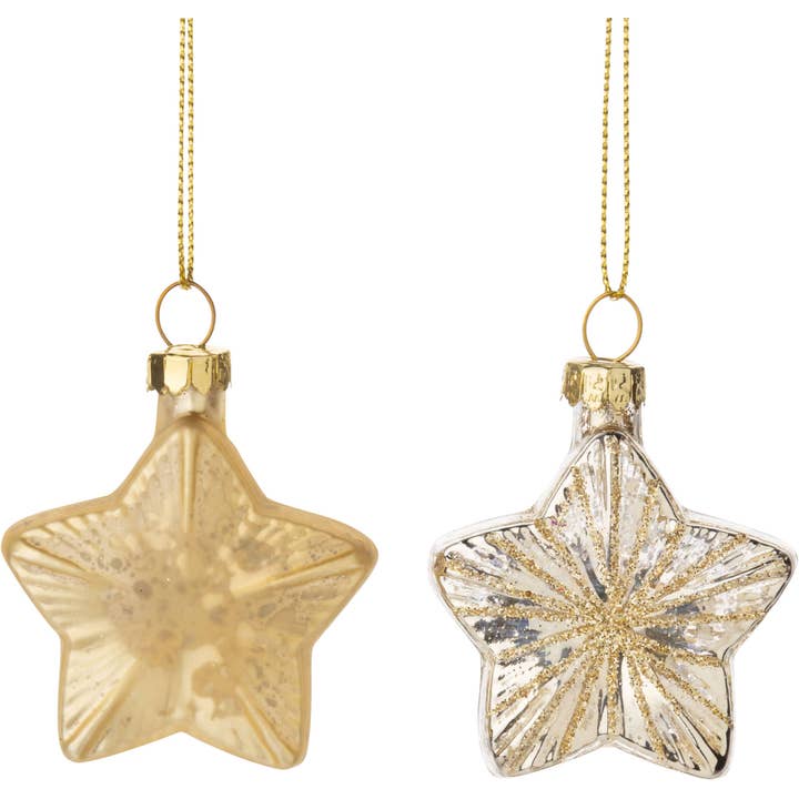 Silver Tree Home & Holiday - Wholesale Ornament - A14215: 2 Asst glass mini star orn,slv&gld,rays,2.4in