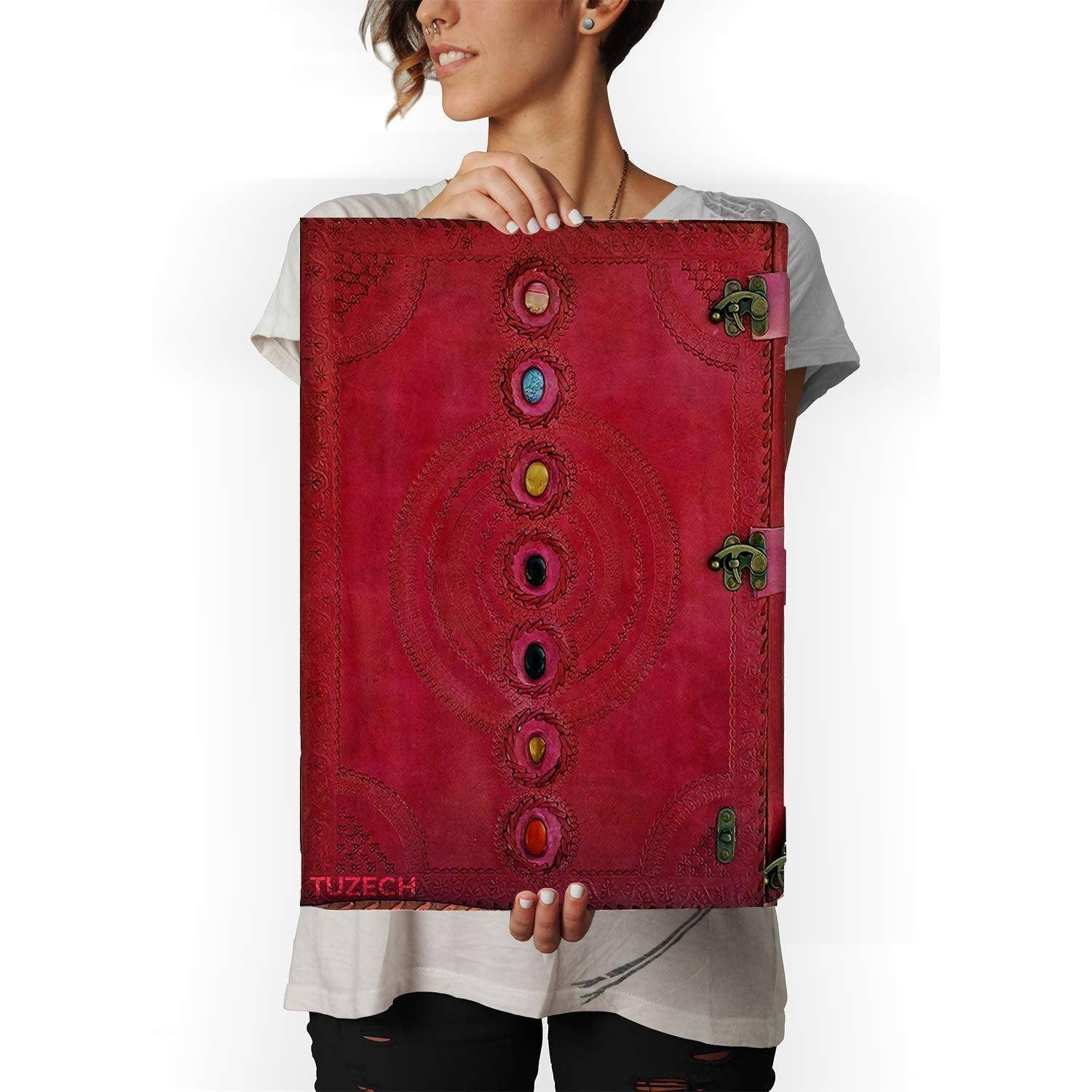 Tuzech Leather - Wholesale Journal/Diary - Tuzech Seven Chakra Medieval Stone Embossed Handmade Jumbo Leather Journal Book of Shadows Notebook Office Hocus Pocus Diary College Poetry Sketch With Leather Bound38