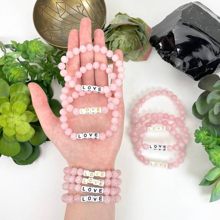 Pulsera de cristal de cuarzo rosa con cuentas LOVE para venta al por mayor de Rock Paradise