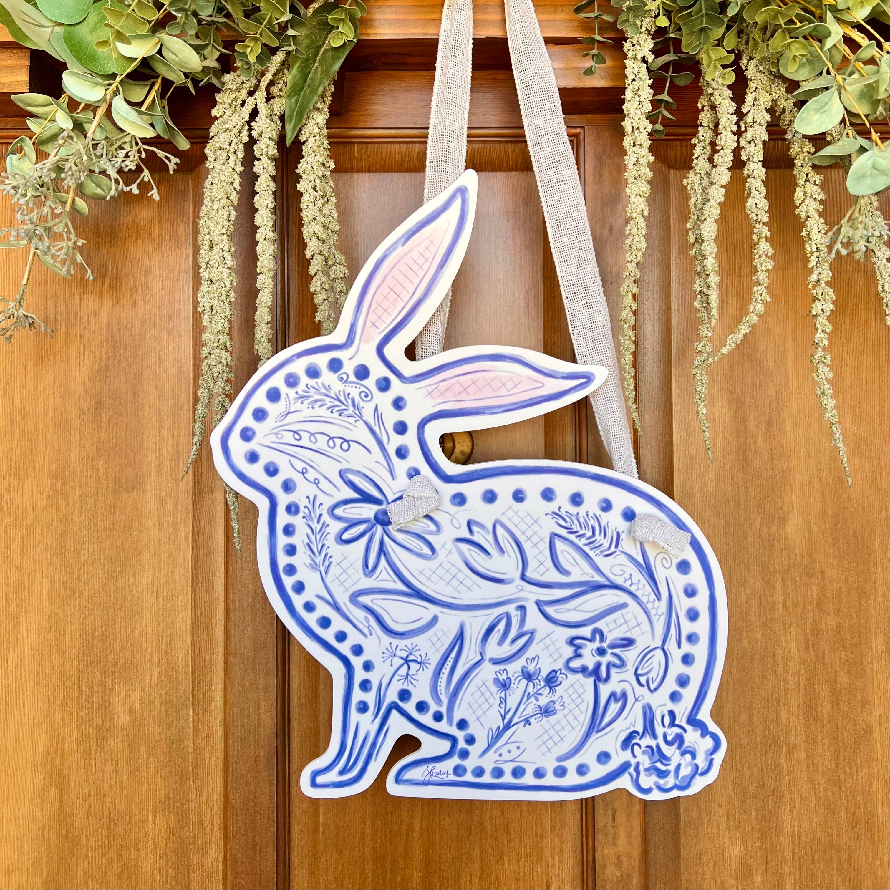 Songbird Grove Collection - Wholesale Door Hanger - Blue Chinoiserie Bunny Door Hanger4