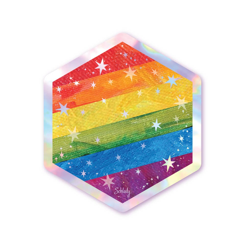 Schlady - Wholesale Sticker - Starry Rainbow Pride Flag (6) - Holographic Hexagon Sticker